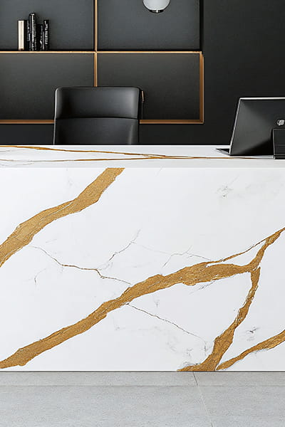 Commercial lobby front desk with durable quartz countertops installed in New Jersey