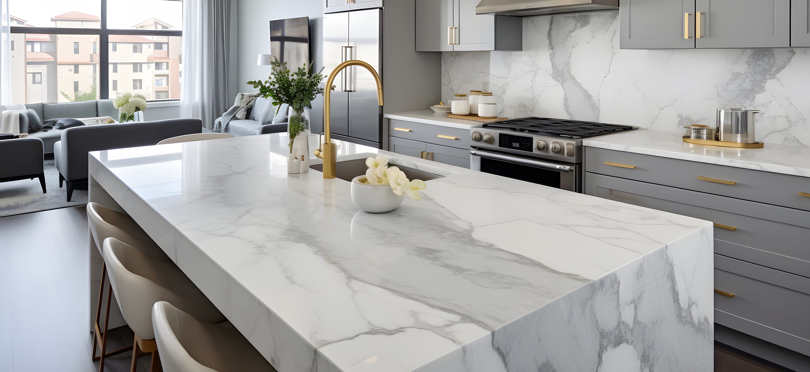 Custom kitchen countertops fabricated and installed in New Jersey using granite, quartz, quartzite, and marble