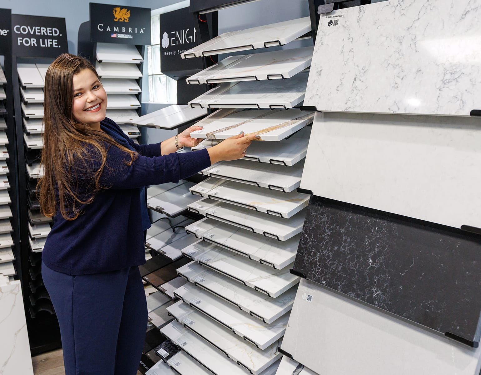 Granite countertop samples at Stone Top & Glass Studio showroom in Hackensack, New Jersey