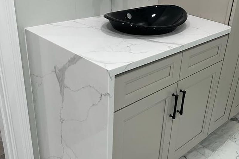 Custom granite vanity top with undermount porcelain sink in New Jersey bathroom