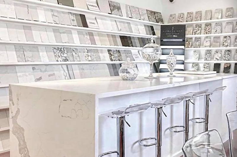 Custom commercial vanity tops in marble for modern restroom design in Hackensack NJ commercial project